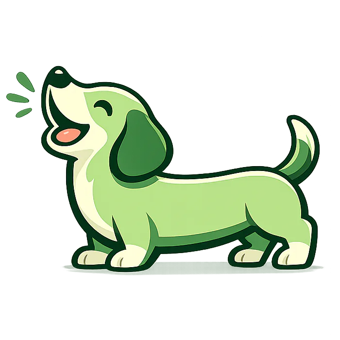 A cheerful green dachshund, the BarkUp mascot, ready for a walk